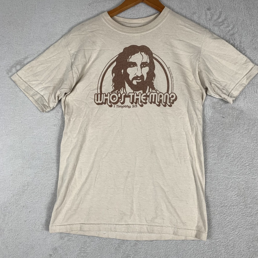 Vintage Jesus Shirt Mens Small Beige Whos The Man 1 Timothy 2:5 Christian Gildan